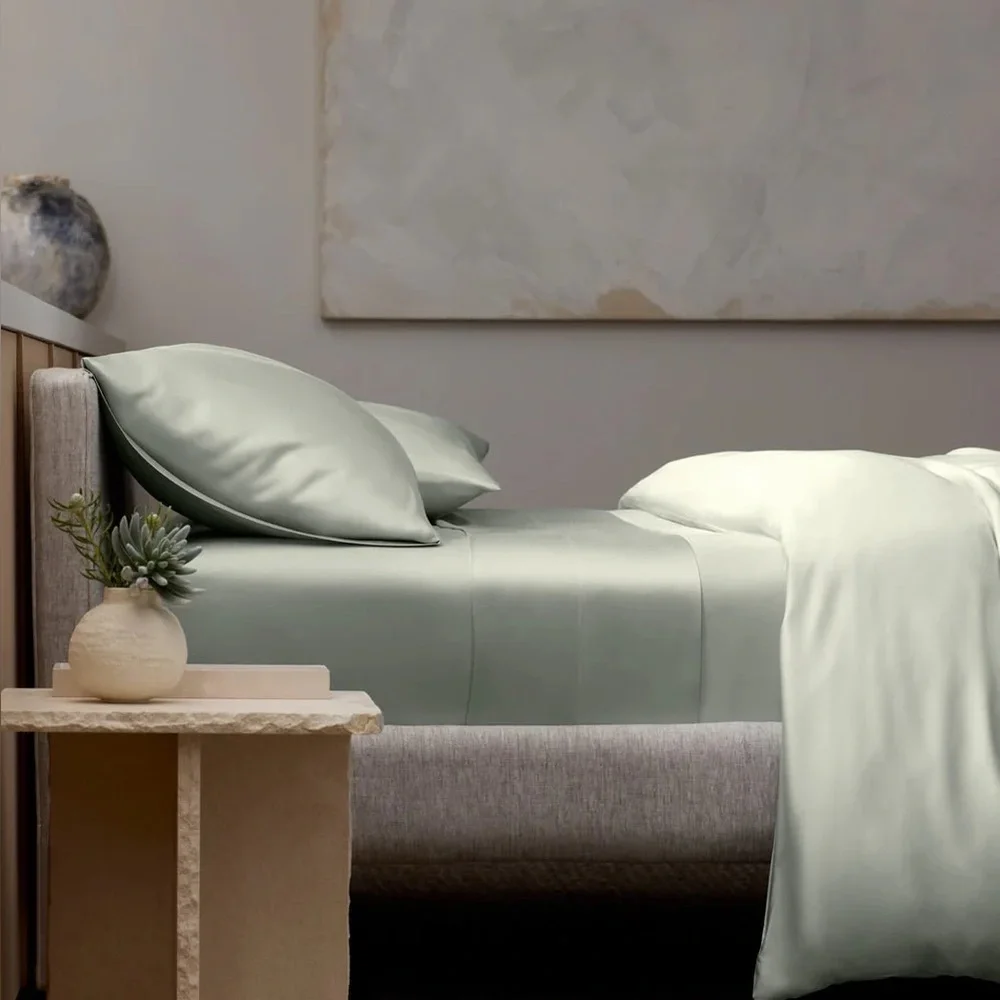 Cozy Earth Bamboo Flat Sheet Luxury Satin, Light Green, Queen